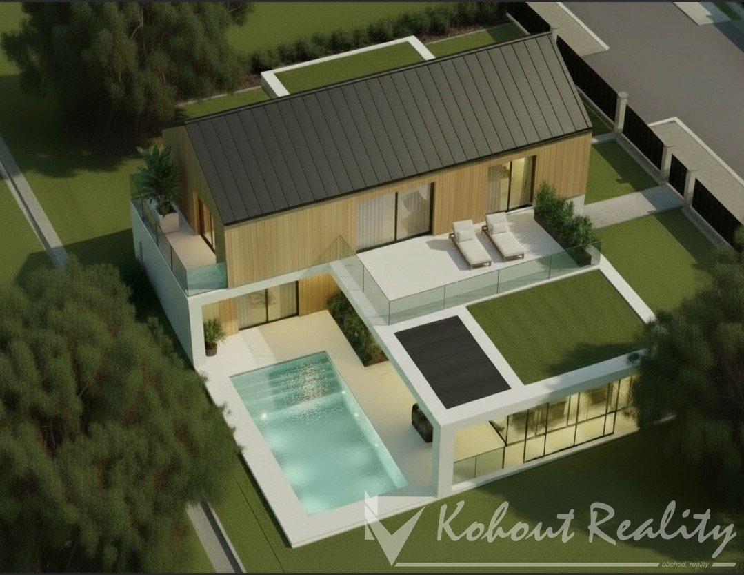 Moderní rodinná vila (2026) o velikosti 5+1, 3x terasa, dvougaráž(334 m2) 2x stání, pozemek 1 091 m2 – Popovičky